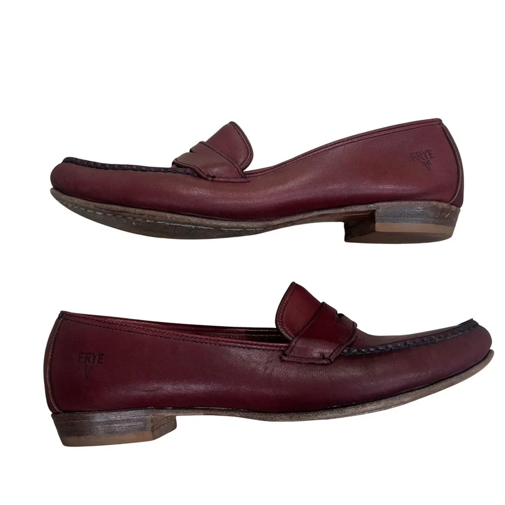 Frye Womens Burgundy Leather Penny Loafers Handsewn Made in USA Oxblood 8.5M